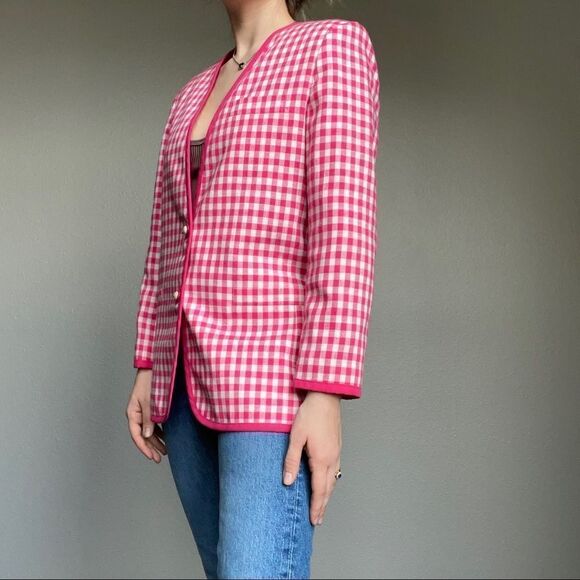 Vintage 80s Pink White Cotton Checkered Preppy Plaid Oversized Blazer Sz M - Picture 5 of 12